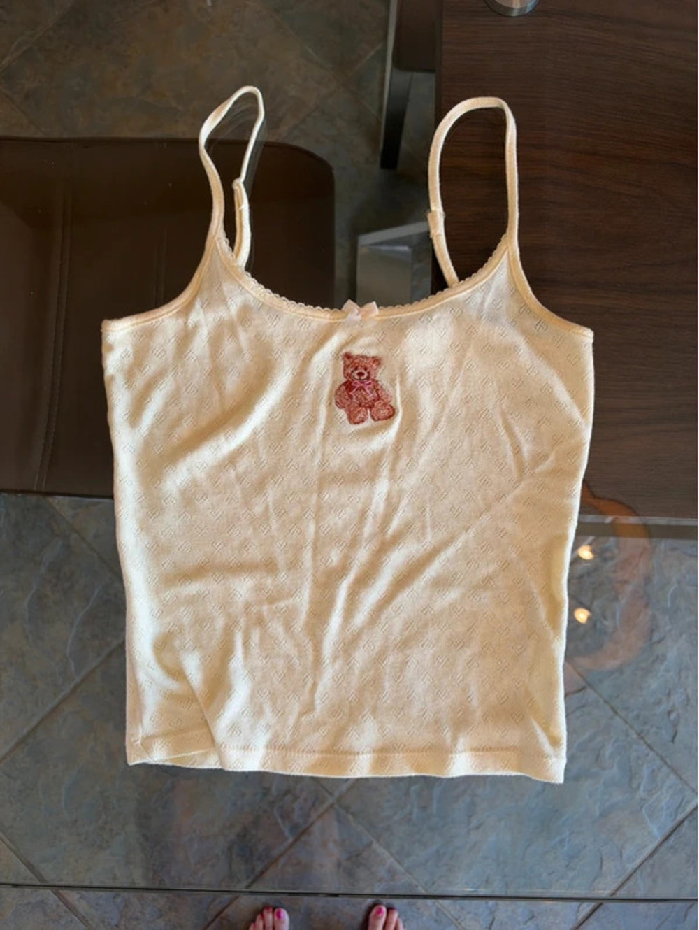 Lucky 777 Teddy Bear Pointelle Tank Top Pastel Yellow Cami Lace Bow X/S